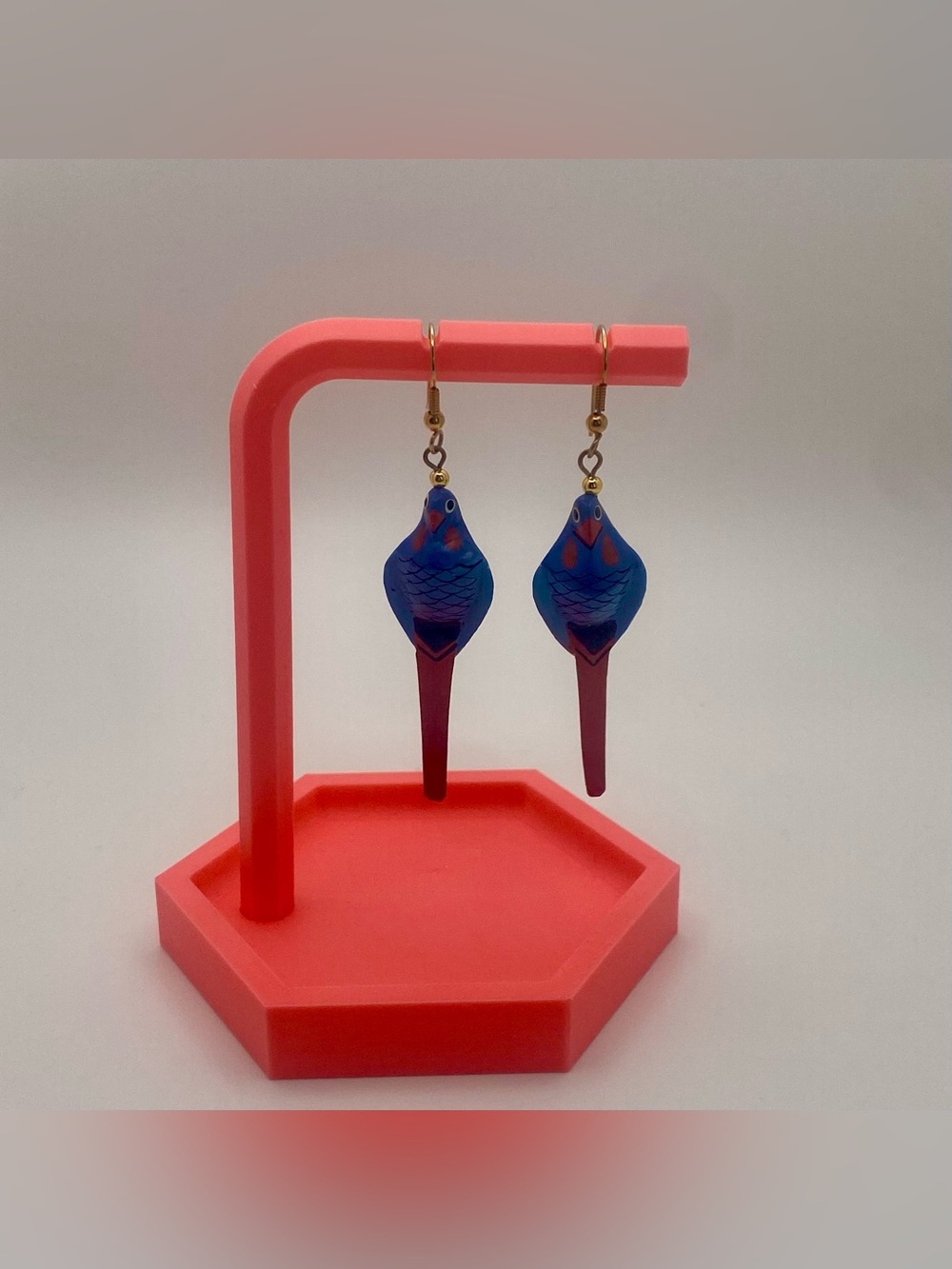 Blue & Red Parrot Drop Earrings - Lightweight Bird Design - Picture 2 of 5